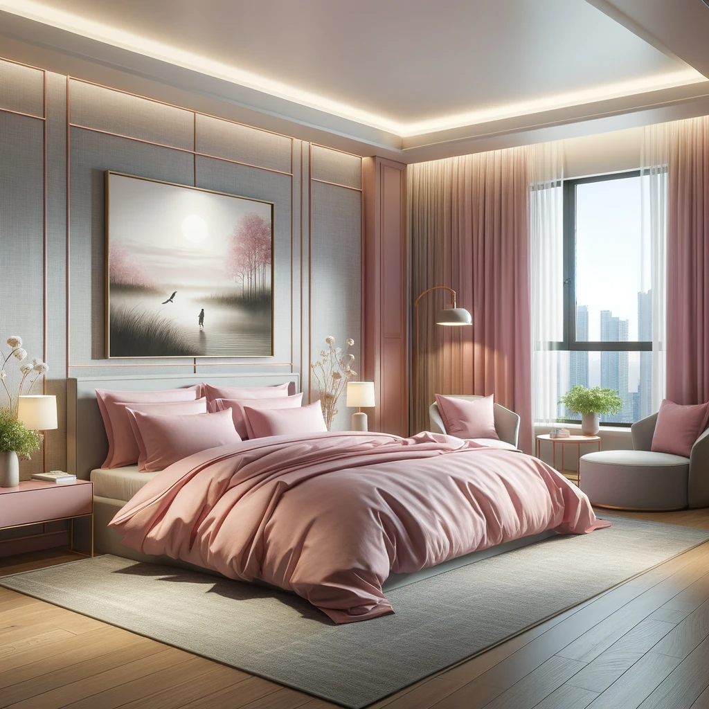A realistic 3D render of an elegant bedroom with modern furniture, pink bedding, artworks on the wall, soft lighting, and a window with a city view.