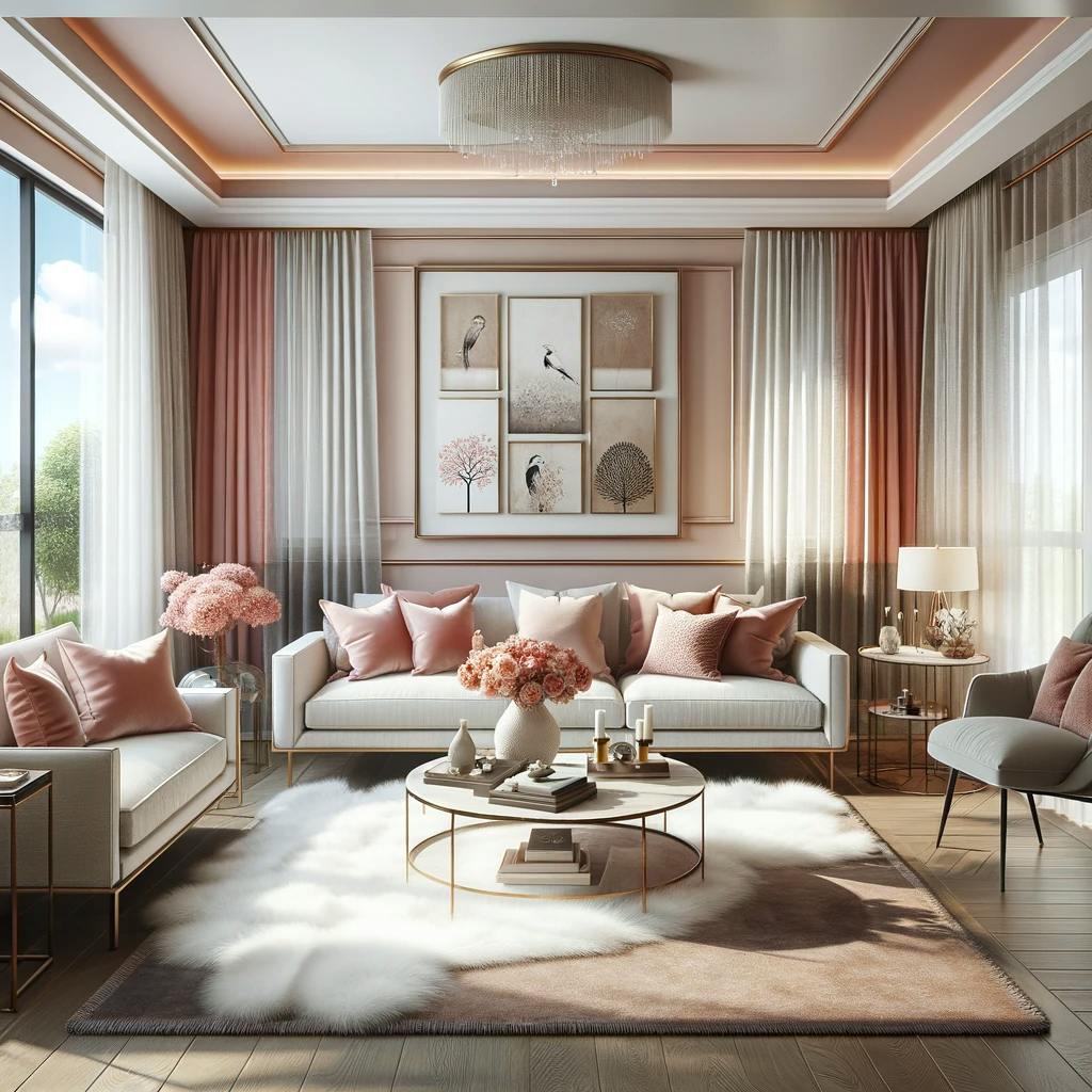 Elegant and inviting modern living room with a pink and neutral color palette, stylish furniture, and artwork.