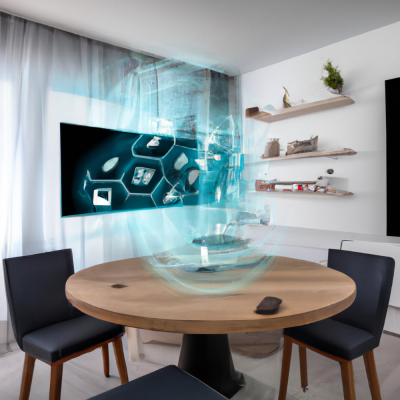 A holographic computer interface hovering above a modern table, displaying furniture and decor items, symbolizing virtual staging in a contemporary living space.