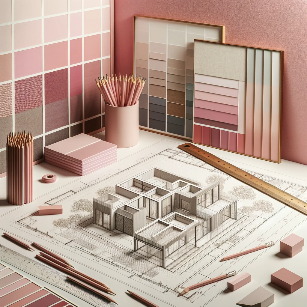 The image depicts an architectural floor plan on a table with pencils and a ruler, alongside material and color samples, with a mood board in the background, in shades of pink, showcasing a modern minimalist style.