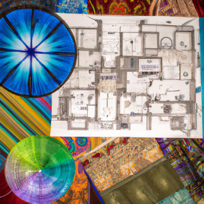 A rich tapestry illustrating the complexities of interior design: a color wheel, architectural blueprints, mood lighting, and an emotional connection between inhabitants and space.