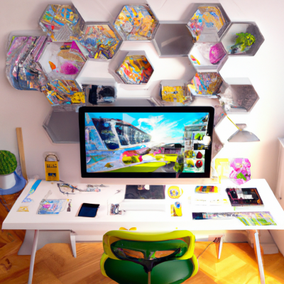 A modern designer-s workspace fused with digital elements a screen displaying 3D interior renderings, virtual material samples, and interconnected digital devices