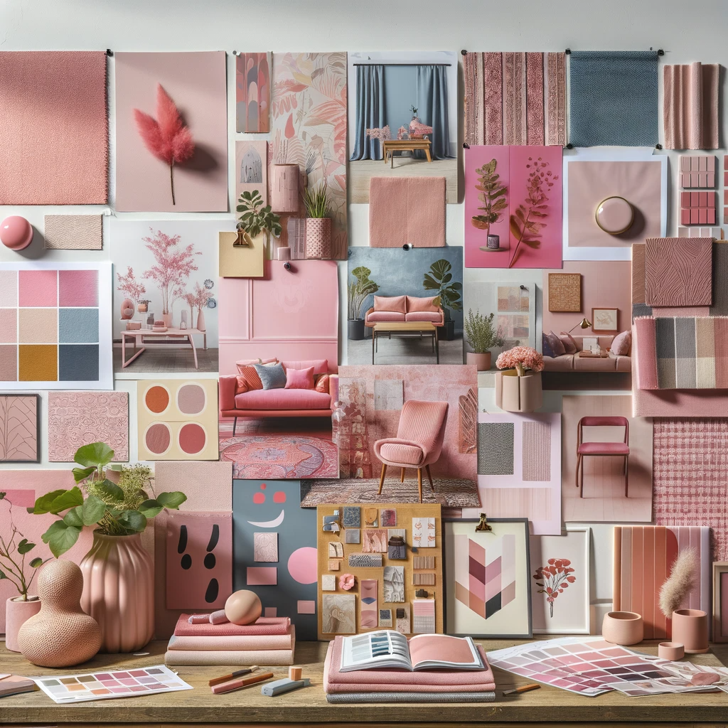 A creative and inspirational mood board with examples of fabrics, colors, furniture, and artworks, all in shades of pink, aesthetically displayed on the wall.