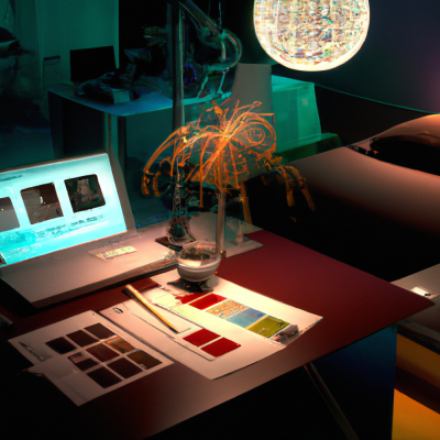 A designer's table illuminated by a soft lamp, scattered with color swatches, 3D visual renderings, mood boards, and a glowing digital interface showcasing room layouts.