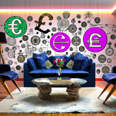 A sophisticated living room setup, juxtaposed with digital icons and currency symbols, representing the intersection of online interior decoration and cost.