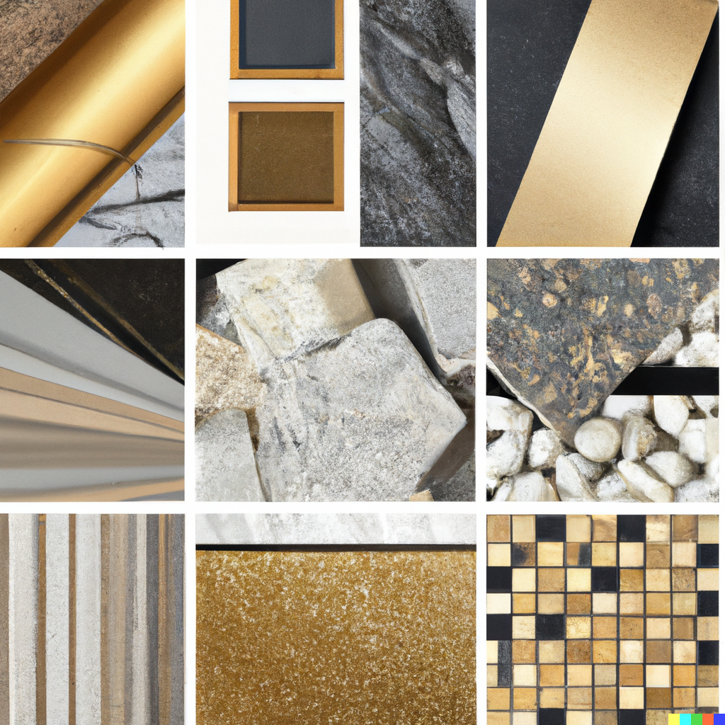A collage of premium interior design materials, including wood, stone, fabric, and metal, showcasing texture, luxury, and quality