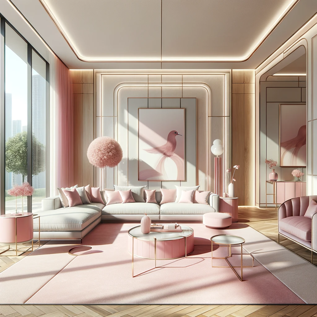 The interior of a modern living room is depicted in a 3D render with elegant furniture, pink accents, large windows, and modern art on the walls, creating a bright and spacious ambiance.