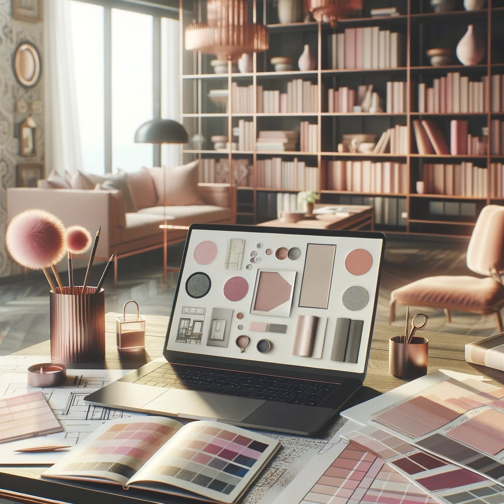 An elegant office desk is displayed with an open laptop, sketches, and samples of materials and colors spread out, including elements in the color pink. In the background, there are shelves with interior design books, creating an inspirational and professional atmosphere.