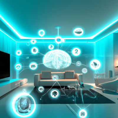 A virtual 3D interior rendering showcasing a luxurious living room, with interactive icons, a glowing atmosphere, and an aura of futuristic design.