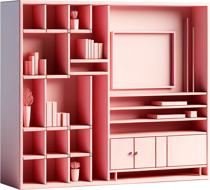 A pink modular shelving unit set against a white background, representing a customizable and adaptable design